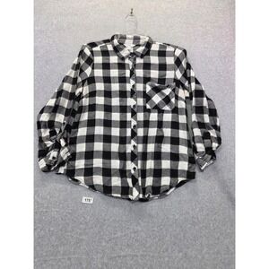 Time and Tru Womens Black White Buffalo Plaid Roll Tab Rayon Shirt M 8-10